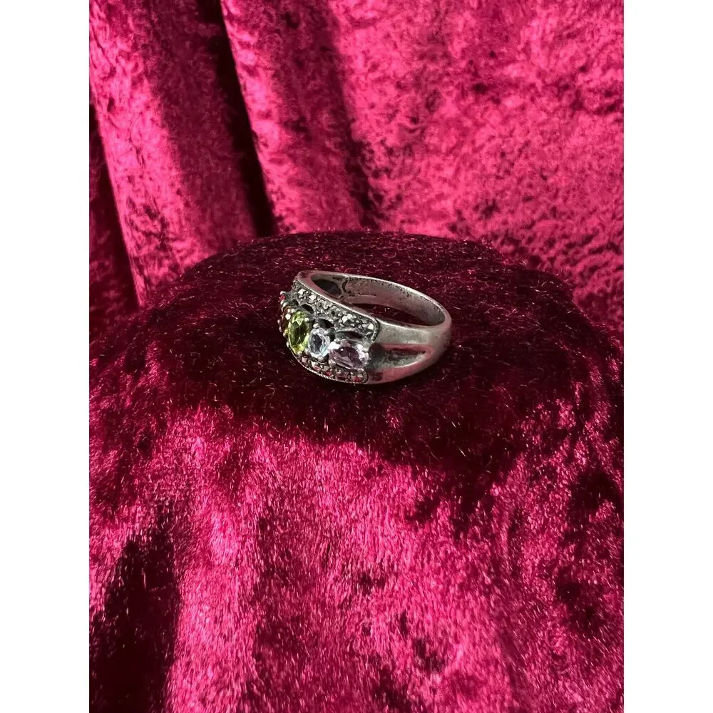 Vintage Sterling Silver Chunky Ring - Multi Gemstone Marcasite Band - Size 9.25